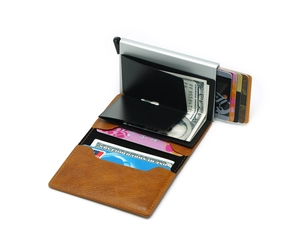 Slim brown leather RFID blocking wallet with aluminum card case and black money clip