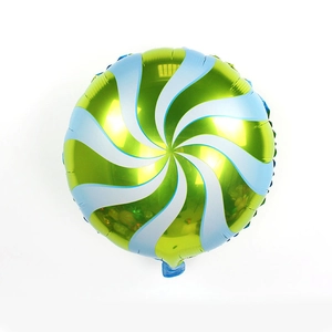 Detailed view of an 18-inch windmill lollipop foil balloon with blue and green swirls