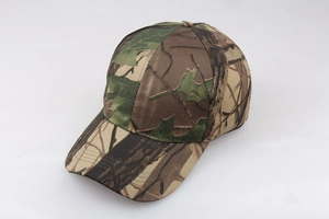 Macro detail of the jungle camouflage pattern and fabric texture on a baseball cap