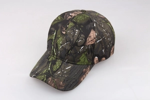 Detail view of quick-drying jungle camouflage baseball cap with leafy pattern