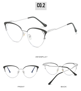 Three-view perspective of stylish cat-eye metal glasses frame in black and silver