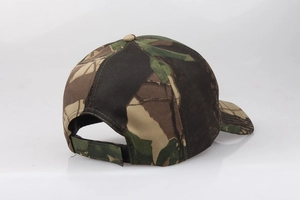 Detail of adjustable velcro closure on camouflage baseball cap back for custom fit
