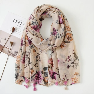 Pink floral cotton linen scarf with elegant flower print and tassel edges for women