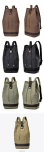 Front view of canvas bucket backpacks in coffee, black, army green, and khaki colors