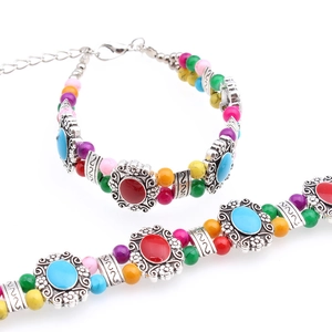 Bohemian Ethnic Bracelet Alloy Glass Beads Vintage Silver Floral Engraved Resin Stone Adjustable Jewelry Unisex
