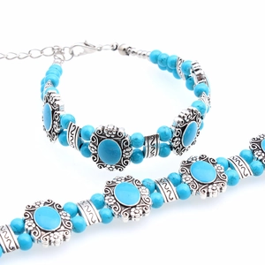 Bohemian ethnic silver plated bracelet with turquoise beads and blue oval stone