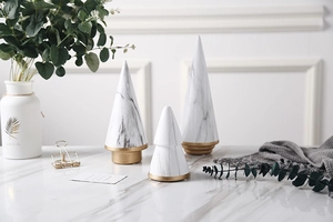Three-piece set of marble pattern conical ornaments with elegant matte gold metal bases