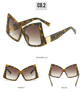 Detailed views of tortoise shell bow sunglasses with gradient lenses and gold hinges