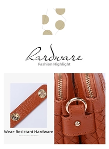 Detail of durable hardware and dual zippers on brown woven leather shoulder bag