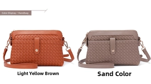 Detail of woven leather crossbody bags showing front pocket and metal closure in two colors
