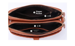 Macro view of woven handbag interior featuring double zipper pockets and inner lining