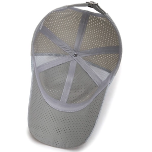 Grey breathable mesh baseball cap for men with adjustable metal buckle and six-panel design
