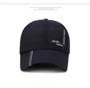 Detail of black breathable mesh sports cap with white Sport Fashion side lettering