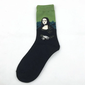 Men's retro art crew socks featuring Mona Lisa oil painting pattern with green trim