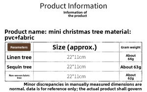 Detailed size and material chart for 20cm mini decorative Christmas trees