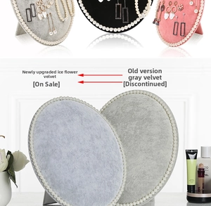 Detail of oval jewelry display stand with velvet textures and pearl trim borders