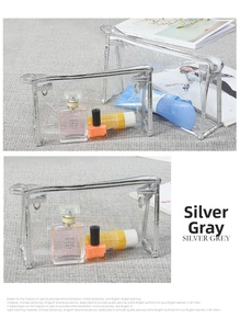 Detailed view of waterproof transparent PVC makeup bag featuring silver grey trim