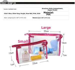 Size guide for PVC waterproof makeup bags showing large and medium transparent pouches