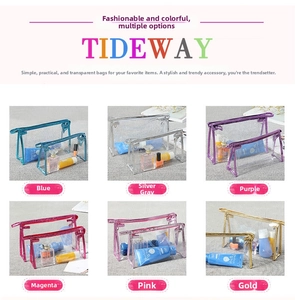 Detailed grid showing 6 colors of waterproof PVC makeup bags with top zipper and clear view
