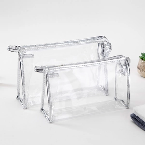 Transparent PVC makeup bag set with silver trim in large and small sizes for travel
