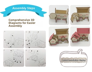 Detailed assembly steps and diagrams for 3D wooden building house model toy