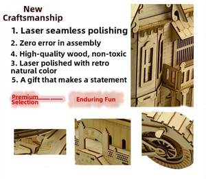 Detail of laser-cut 3D wooden puzzle featuring precise interlocking building parts