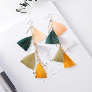 Detail of bohemian long earrings with multi-colored feathers and gold metal chain