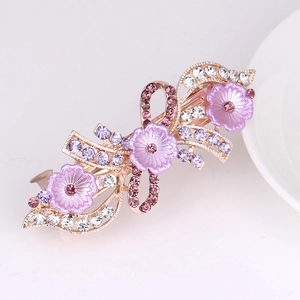 Elegant gold hair clip with purple flowers and white rhinestones for women hair styling