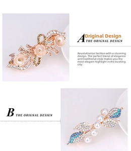 Detail of floral hair clips with pink flowers, pearls and crystal rhinestones