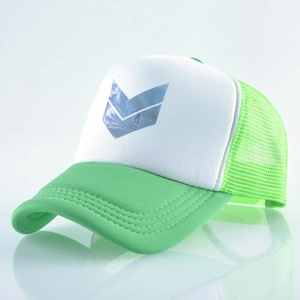 Macro detail of breathable mesh and high-quality stitching on green trucker cap