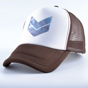 Detail view of brown trucker hat featuring a blue surfer illustration on white panel