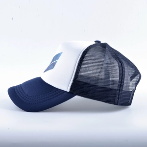 Detail view of the breathable blue mesh and side profile of the summer trucker cap