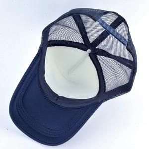 Navy blue mesh trucker hat for men and women featuring adjustable back and foam front