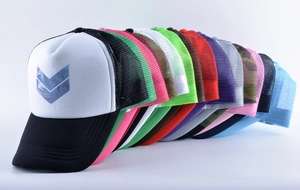 Detailed side view of assorted colorful mesh trucker hats with wave logo embroidery