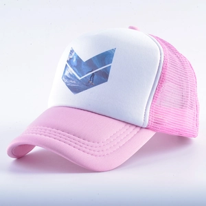 Detail of pink and white mesh trucker hat featuring a blue surfer logo on front