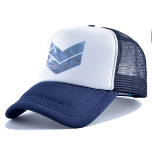 Blue and white surfer mesh trucker hat with V-shaped graphic on a plain white background