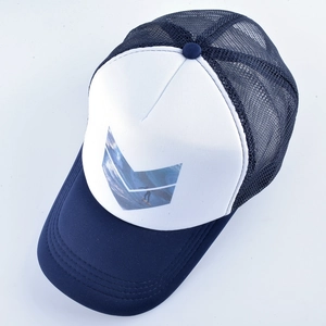 Classic navy and white trucker hat with surfer print and breathable mesh back