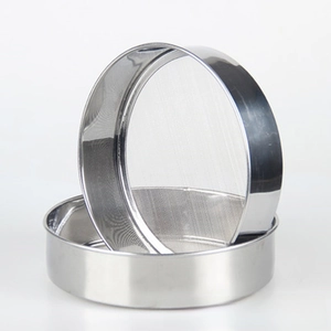Close-up of 304 stainless steel flour sifter with fine 60 mesh screen for baking