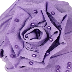 Purple fabric floral headwrap with elegant beads and multilayered petal design