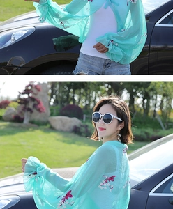 Light blue floral embroidered chiffon shawl with ruffle cuffs and sheer sun protection fabric