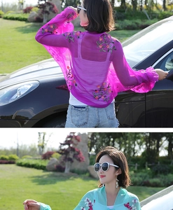 Chiffon beach shawl with floral embroidery in purple and turquoise colors