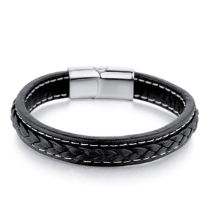 Braided black leather bracelet with white stitching and silver stainless steel buckle