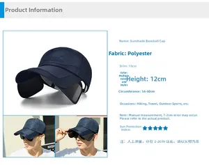 Detalle de gorra azul marino con alas de protección solar retráctiles y medidas