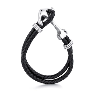 Fashionable double-wrap black braided leather anchor bracelet with silver metal clasp