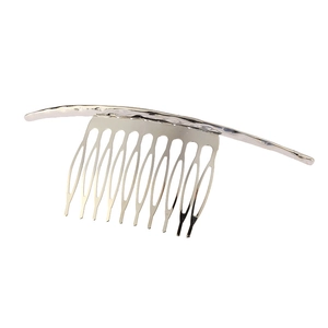 Minimalist silver metal hair comb with curved top and single row teeth on white background