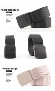 Detail view of woven nylon belts in black and beige with matte smooth buckle finish