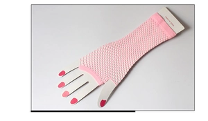 Detailed macro view of pink elastic fishnet fingerless gloves with mesh knit texture