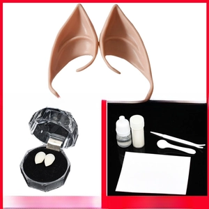 Cosplay set with 13mm fangs, latex elf ears, and adhesive kit for Halloween parties