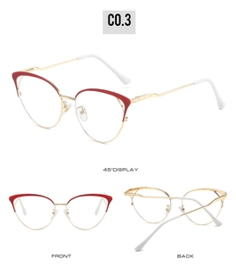 Detailed views of gold and red cat-eye metal glasses frame from front, back and 45-degree angle