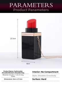 Detailed view of lipstick-shaped acrylic clutch showing size 8x21.5cm and chain specs